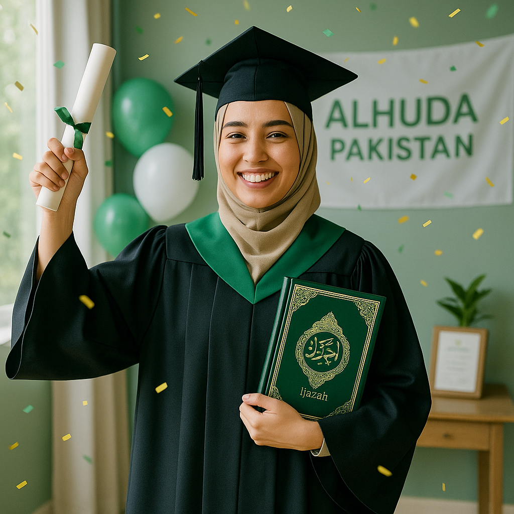 Pakistani Muslim graduate in black gown with green sash celebrating; holding diploma and green Qur’an ijazah; Alhuda Pakistan banner confetti.