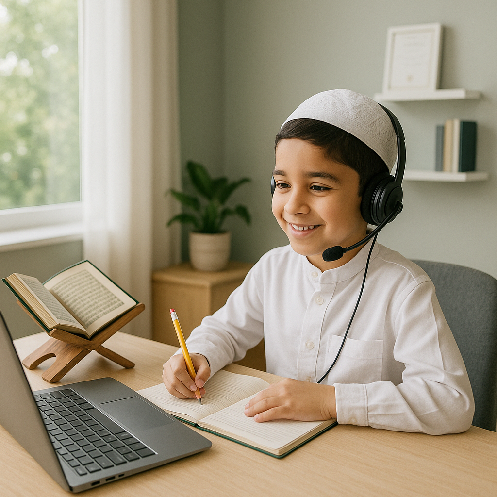 Muslim boy, about 7, learning Qur’an online at home—white kurta and cap, headset, laptop, open Qur’an on rehal