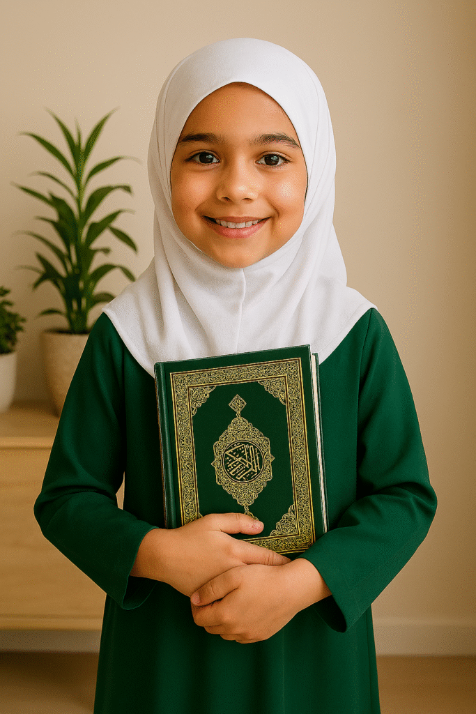 Smiling young Muslim girl in a white hijab and green dress holding the Holy Quran to her chest at Al Huda Pakistan — the best online Quran academy in town.