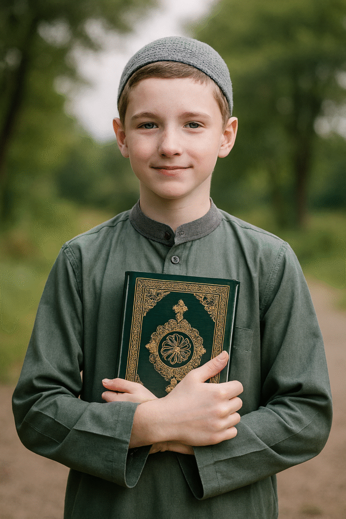 Young adult , about 20 years old, wearing a sage green thobe and light gray skullcap, holding a dark green Quran with gold Arabic calligraphy in a peaceful outdoor — at AlHuda Pakistan Quran classes, Tajweed classes, online tutor sessions, live classes, or online mosque community