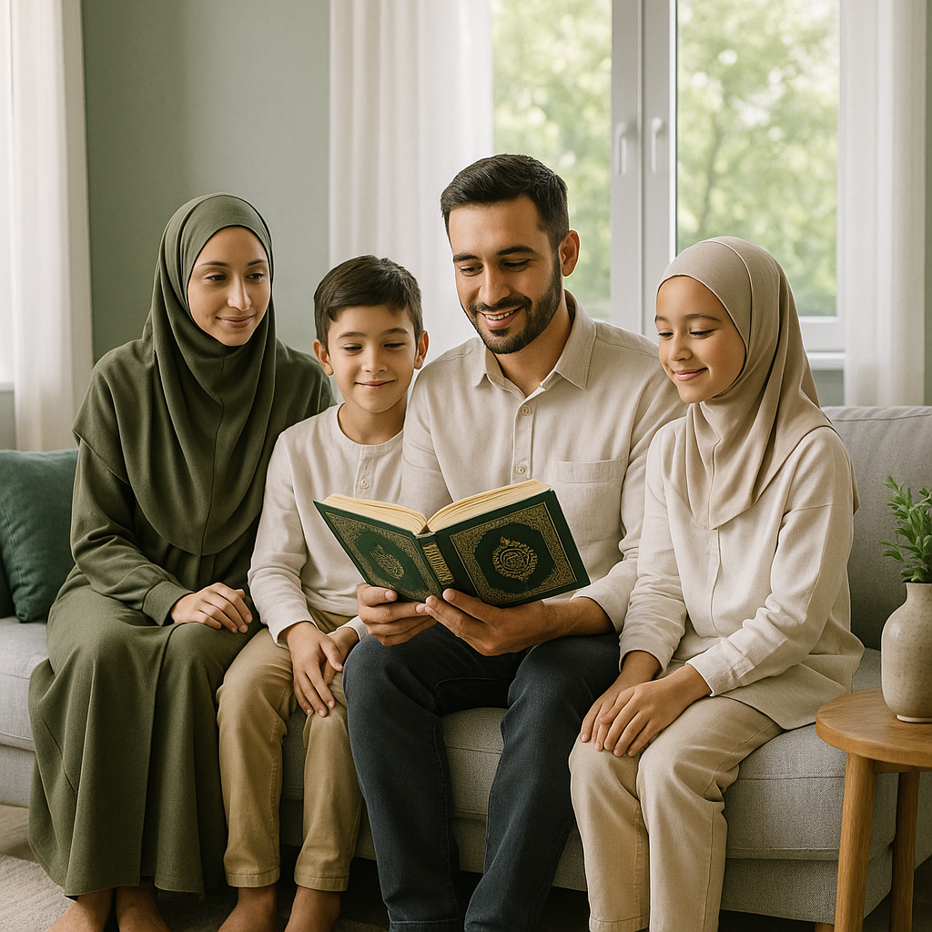 Pakistani Muslim family on a light gray sofa; dad holding the Qur’an; green-gray-white room at alhuda