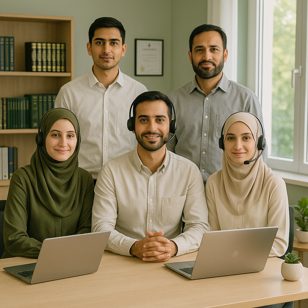 Qualified Pakistani Qur’an teachers—male and female—wearing headsets and seated with laptops in a bright office; friendly, certified, professional.